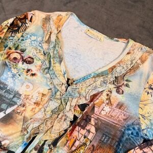 Impulse California Paris Scenic Top Womens Large Cheetah Ruffle Lace Zip Vintage